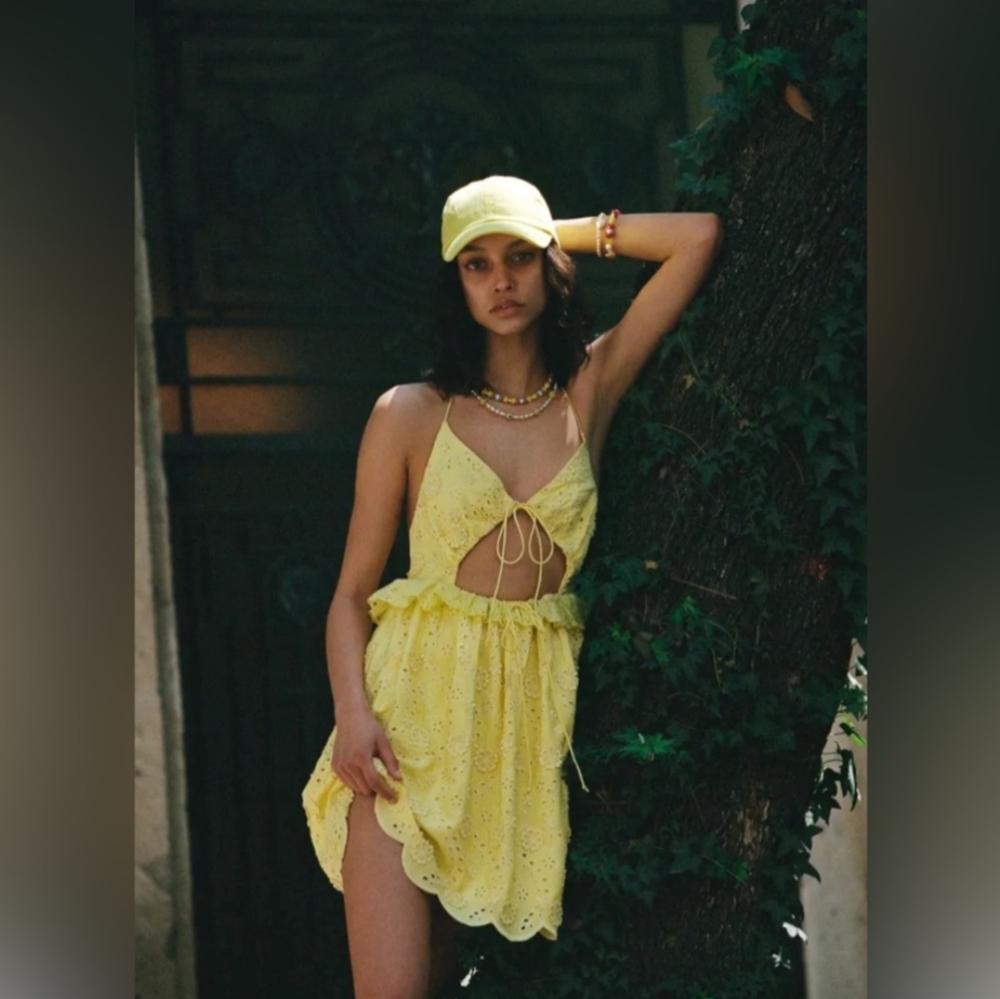 For Love And Lemons Yellow Eyelet Dress with Cap